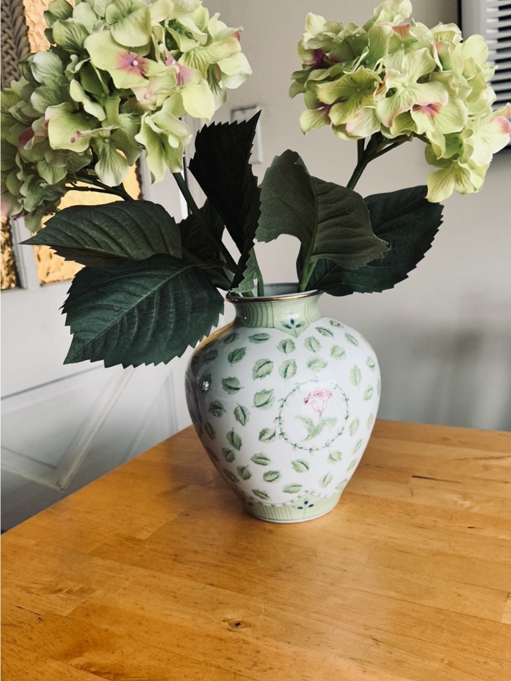 Andrea By Sadek White Porcelain Vase with Green Leaf and Pink Flower Accents